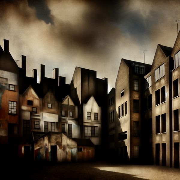 Vervallen stadscène met onplezierige architectuur Een sombere stadscène met vervallen gebouwen tegen een bewolkte lucht.