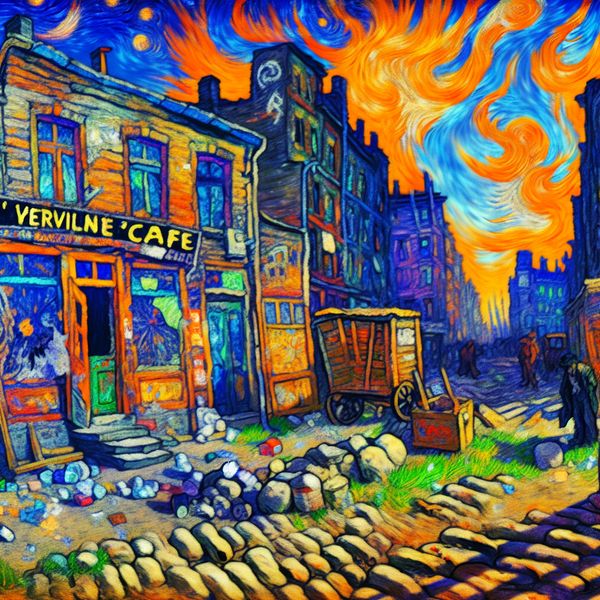 Verloederde stedelijke buurt met café en graffiti Vervallen stedelijke buurt met kromme gebouwen, graffiti, en een vervallen café.
