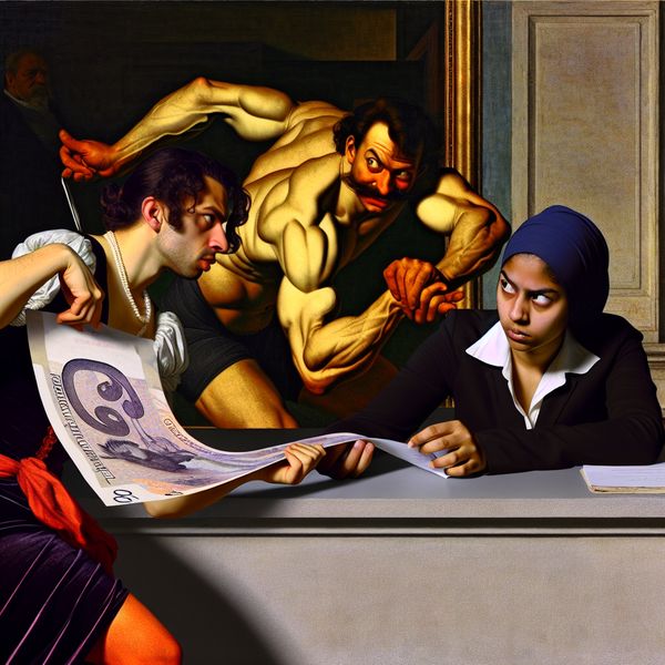 Barokke scène van een verdachte documentoverdracht aan een receptiebalie, met vervalste papieren en een nepbankbiljet op de grond