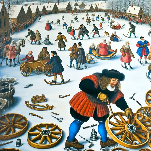 Vervangen van onderdelen: monteur wisselt wielen slee in historische winterscène 17e-eeuwse wintertafereel met monteur die wielen van oude slee vervangt door nieuwe glanzende exemplaren op bevroren ijsbaan bij dorp