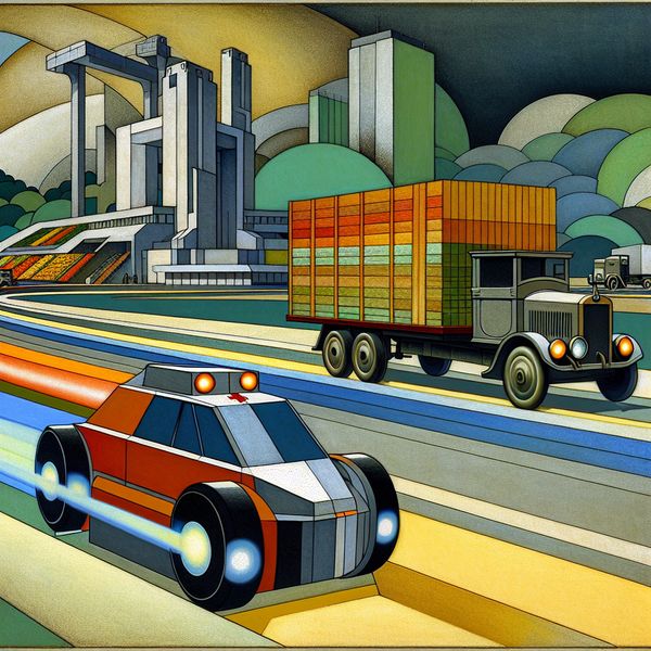 Vervoer en logistiek: efficiënt brengen van mensen en goederen Retro-futuristische illustratie van een ambulance en vrachtwagen die goederen en mensen vervoeren op een snelweg in een stedelijke omgeving