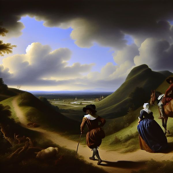 17e-eeuws Hollands landschap met reizigers te paard en te voet, vervoeren van een vrouw door een man op een zandpad onder dramatische wolkenlucht