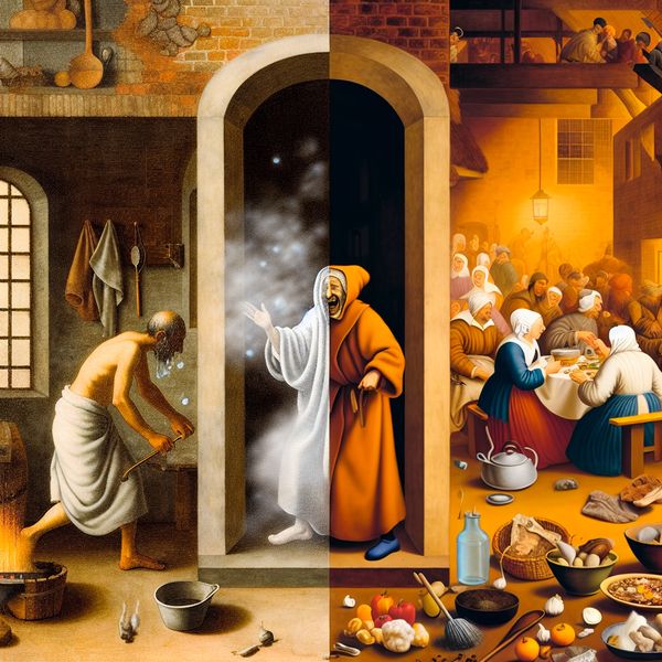 Levendige scène in de stijl van Jan Steen die de overgang van douchen naar eten toont, illustrerend het woord 'vervolgens' voor taalstudenten