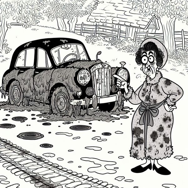 Cartoonfiguur wijst verbaasd naar een extreem modderige auto op een onverharde weg, illustratie van 'vervuild'