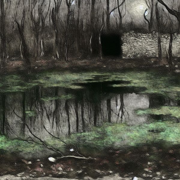 Stil leven van een vervuilde vijver met modderig water en verrotte bomen