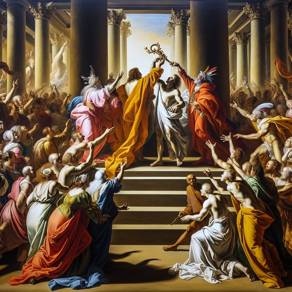 Vervulling van een functie: barokke benoemingsscène met symbolische overdracht Barokke voorstelling van een triomfantelijke benoeming waarbij een persoon een symbolische sleutel of oorkonde ontvangt, omringd door een bewonderende menigte