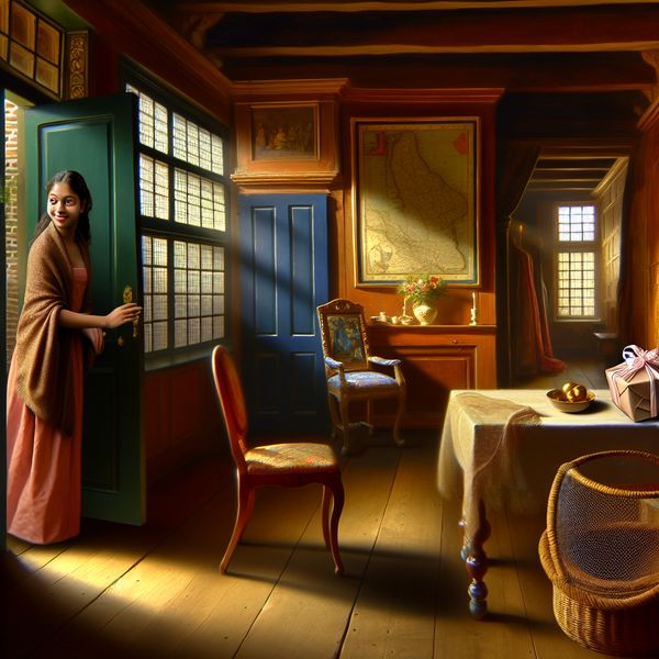 Verwachtingsvol moment: cadeau te wachten staan in Hollands interieur Jonge vrouw in een sfeervol Hollands interieur kijkt vol verwachting naar een mooi ingepakt cadeau op tafel, in de stijl van Vermeer