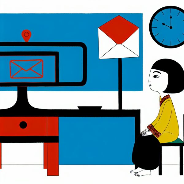 Verwachtingsvolle reactie op e-mail - Nederlandse werkwoorden met 'op' leren Minimalistische illustratie van een persoon die verwachtingsvol naar een ongeopende e-mail op een computer kijkt, met een klok op de achtergrond die wachten benadrukt