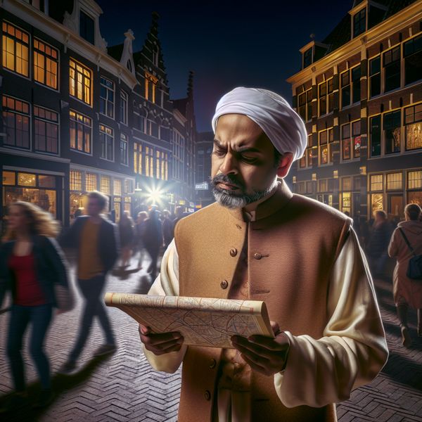 Verwarde Nederlander in Moderne Stad bij Schemering Nederlandse man kijkt bedachtzaam naar ingewikkelde kaart in drukke stadsstraat bij schemering