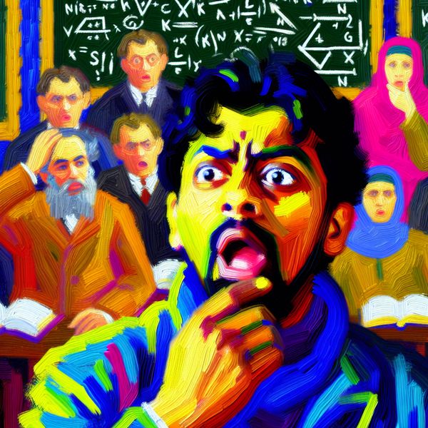Verwarde persoon in intelligente omgeving Een persoon in een chaotische omgeving kijkt verward en overweldigd, omringd door boeken en een schoolbord met complexe wiskundige vergelijkingen, wat een contrast vormt met de slimme mensen om hen heen.