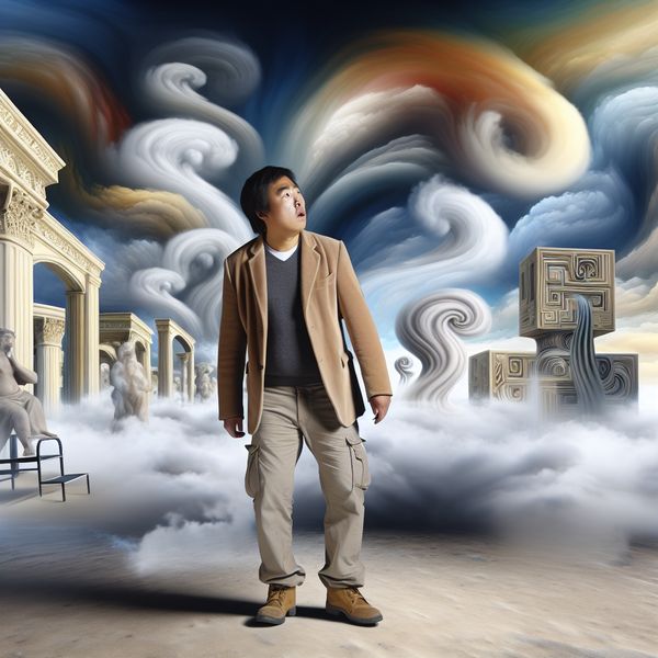 Surrealistische Beeld van Verwarring en Besluitvorming Hyperrealistische afbeelding van een verwarde persoon in een surrealistisch landschap met droomachtige architectuur, die de moeilijkheid van besluitvorming symboliseert.