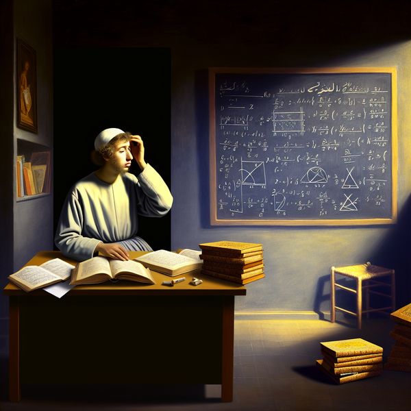 Verwarde student in een wiskundeles - inspirerende afbeelding Jonge student kijkt verward naar complexe wiskundeboeken en formules in een zacht verlichte kamer.