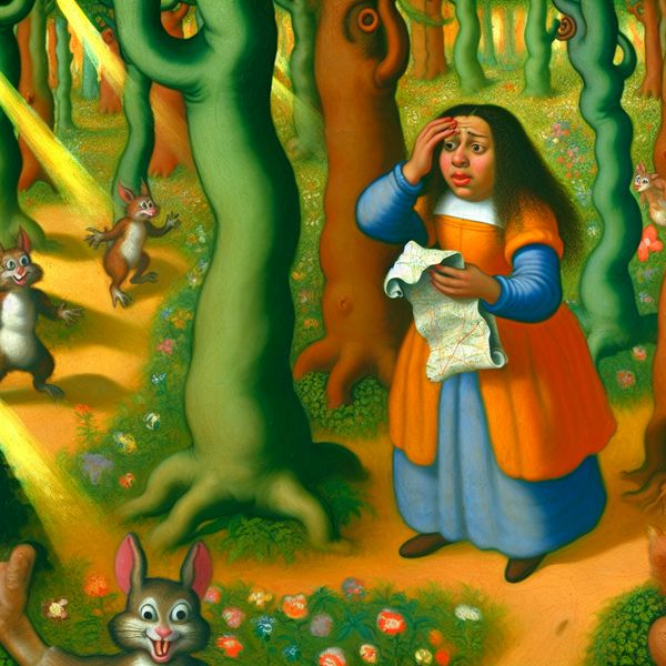 Verwarde vrouw in een speelse bosomgeving Een jonge vrouw in een kleurrijk bos lijkt verward en verloren met een verfrommeld kaartje in hand.