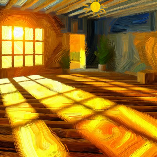 Verwarmen van een kamer door zonlicht in expressieve Van Gogh-stijl Zonnige kamer met warme gouden lichtstralen die een ruimte verwarmen in Van Gogh-stijl
