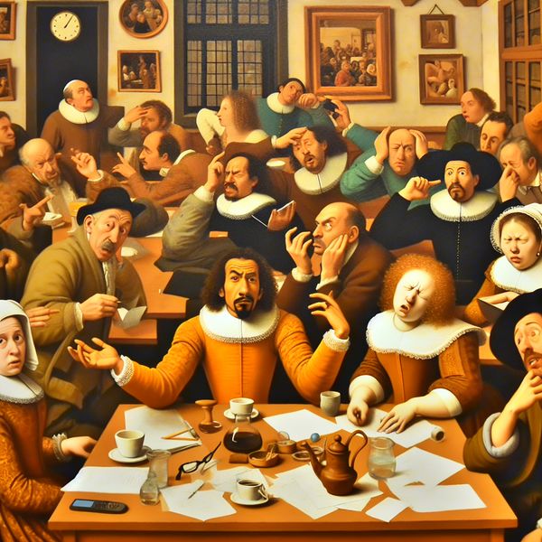 Vrouw legt verwarrende uitleg uit tijdens kantoormeeting met verbaasde collega's in schilderstijl van Jan Steen