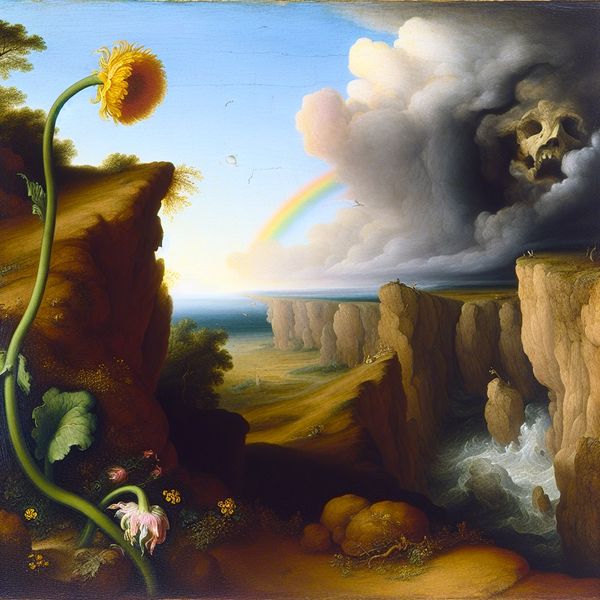 Een verwelkende bloem op de rand van een klif, symboliseert onzekerheid en potentiële mislukking met een dramatische lucht op de achtergrond.