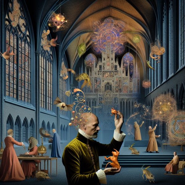 Surrealistische scène in de stijl van Jheronimus Bosch: middeleeuwse man verwijdert een levendig, fantasierijk hoofddeksel met bizarre wezens in een gotische kerk