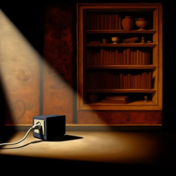 Verwijdering en Verlies: Dramatische Verlichting in een Leegte Een dramatisch verlichte ruimte met een ongeplugde elektrische appliance in de schijnwerpers, omringd door duisternis en silhouetten van boekenplanken.