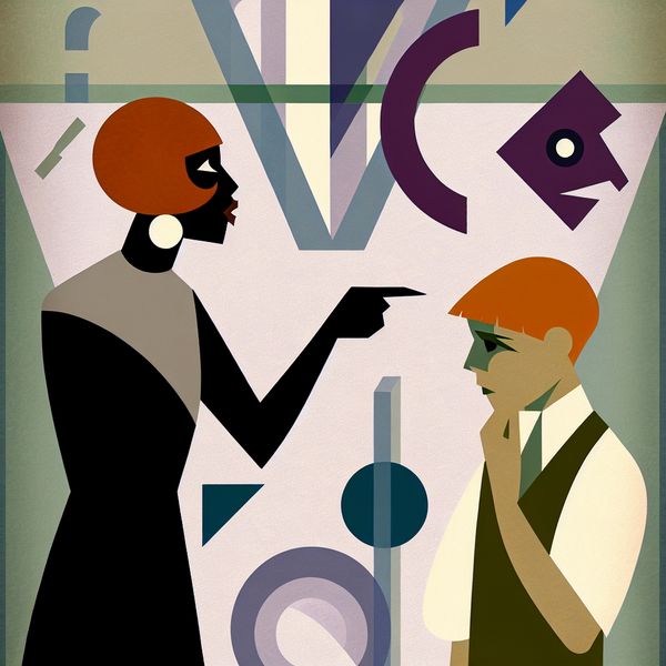 Twee broers in een retro-futuristische setting, waarbij de oudere broer beschuldigend wijst naar de jongere, die er verdrietig en defensief uitziet, met symbolen van een conflict op de achtergrond