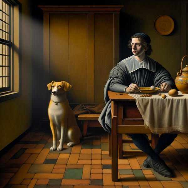 Serene Vermeer-achtige scène met een jonge man genaamd Jan die uit het raam kijkt terwijl een hond achter hem hongerig naar een voerbak staart