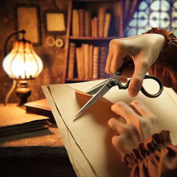 Persoon knipt zorgvuldig papier met een schaar in een nostalgische, sprookjesachtige kamer om het concept 'verwijzing' uit te beelden