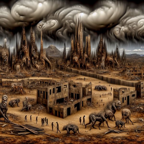 Verwoeste stad na de oorlog - Surrealistische kunst Surrealistisch tafereel van een verwoeste stad met bizarre wezens, in de stijl van Hieronymus Bosch, dat de chaos na een oorlog weergeeft.