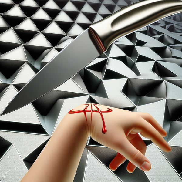 Verwonden betekenis: surrealistische voorstelling van een vallend mes met bloedmotief Surrealistische illustratie van een hand die een mes laat vallen in een onmogelijk herhalend patroon, met een dunne lijn bloed in een geometrisch motief, geïnspireerd op M.C. Escher