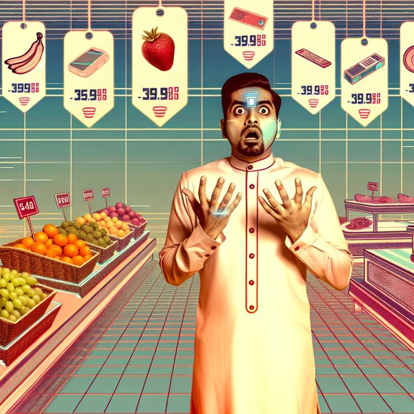 Verwondering over hoge prijzen in retro-futuristische winkel - Nederlands leren Persoon met verbaasde uitdrukking in een retro-futuristische winkel met extreem hoge prijskaartjes boven producten zoals fruit, elektronica en kleding