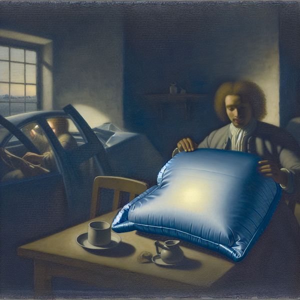Verzachten van schokken: veiligheid en bescherming door airbag in moderne setting Moderne interieurscène met persoon die veiligheid ervaart dankzij een gedeeltelijk opgeblazen airbag, symboliserend het verzachten van gevolgen van een schok