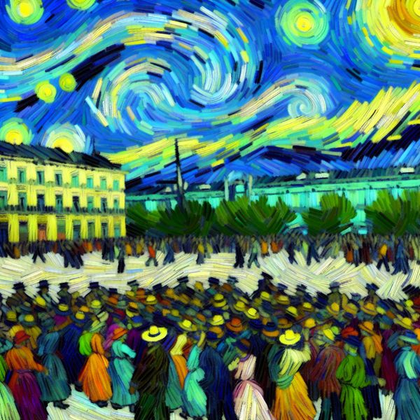 Mensen verzamelen op stadsplein in Van Gogh-stijl demonstratie Drukke stadsplein met mensen die zich verzamelen voor een demonstratie, geschilderd in de expressieve stijl van Vincent van Gogh met levendige kleuren en zwierige penseelstreken