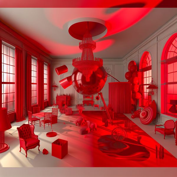 Verzameling van rode voorwerpen in een hyper-realistische kamer Hyper-realistische kamer gevuld met verschillende rode voorwerpen, waaronder meubels, speelgoed en gordijnen