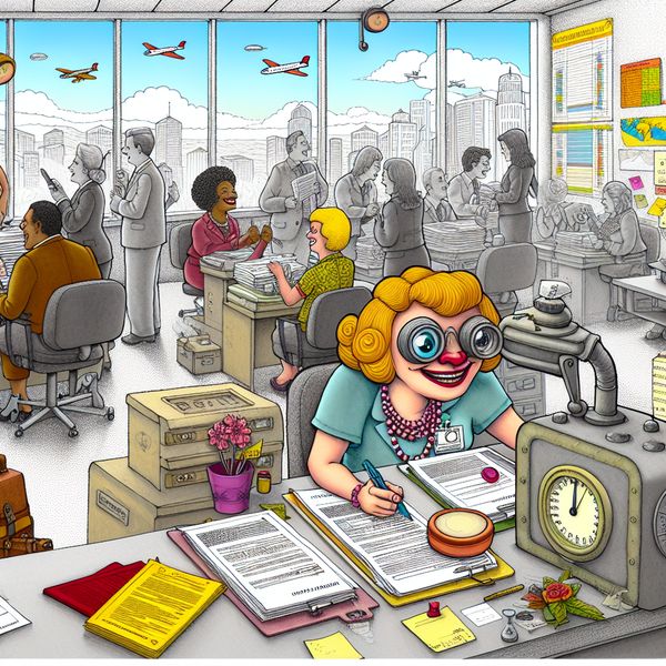 Illustratie verzekeringsbedrijf: leer wat een bedrijf betekent in zakelijke context Kleurrijke cartoon van een levendig verzekeringskantoor met vrolijke medewerkers die polissen verwerken en claims bespreken, in de stijl van Marten Toonder