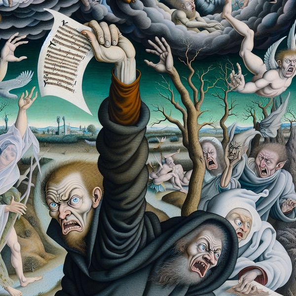 Verzet en Weerstand in Surrealistische Kunst Man met intense uitstraling schudt hoofd terwijl hij een papier vasthoudt dat een afgewezen suggestie symboliseert, omringd door bizarre wezens die verschillende facetten van verzet uitdrukken.