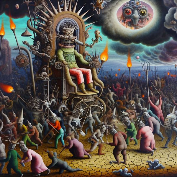 Symbolische opstand tegen tirannie: verzet in de stijl van Hieronymus Bosch Surrealistisch tafereel van een opstand tegen een groteske dictator, geïnspireerd op Hieronymus Bosch, met symbolische elementen van verzet en vrijheidsstrijd