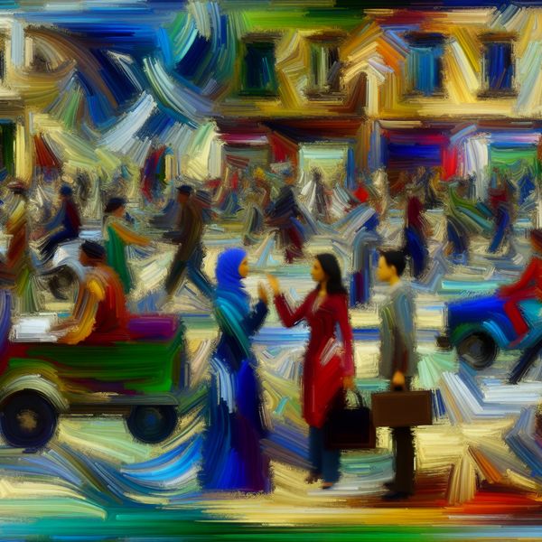 Verzoek om Ruimte in Druk Stadsbeeld - Abstracte Kunst Persoon vraagt beleefd om ruimte op een drukke straat, weergegeven in abstracte expressionistische stijl.