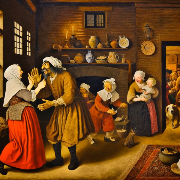 Twee mensen vergeven elkaar in een gezellig Nederlands interieur, omringd door een warme, levendige huishoudelijke sfeer met kinderen en een hond