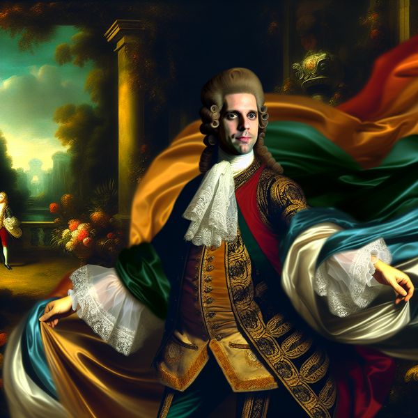 Barokschilderij van een zelfverzekerde, elegante man in 17e-eeuwse luxe kleding, die een verzorgd uiterlijk uitstraalt in een weelderige omgeving
