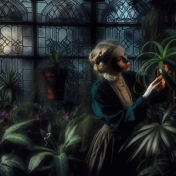 Verzorger in gotische kas met exotische planten Een zorgzame verzorger inspecteert een grote, weelderige plant in een mysterieuze, gotische kas vol exotische planten.