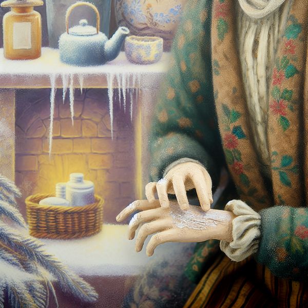 Hand met droge, schilferige huid die verzorgd wordt met lotion in een nostalgische winterkamer met een warme sfeer