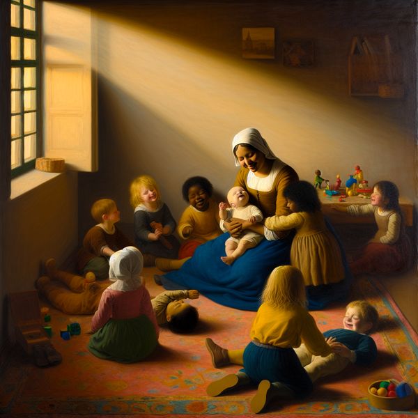 Een vrouwelijke verzorgster in een speelhoek met vrolijke kinderen die 'mama' zeggen.
