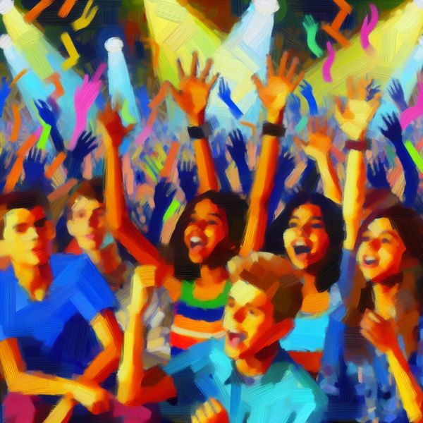 Vet leuk concert - Abstracte weergave van jongerentaal en jeugdcultuur Abstracte voorstelling van een groep enthousiaste tieners op een levendig concert, met felle kleuren en dynamische penseelstreken die de uitdrukking 'vet leuk' uitbeelden in jongerentaal
