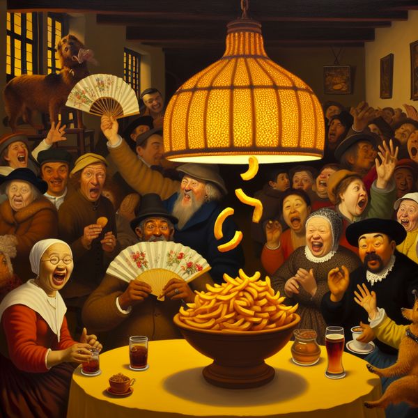 Vette frieten in Nederlandse keuken: humoristische scène over vet eten Levendige Nederlandse taverne-scène met een grote schaal glanzende, vette frieten en mensen die hun overdaad aan vet eten humoristisch uitbeelden
