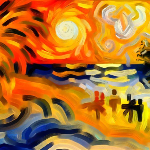 Abstract expressionistisch schilderij van een chaotisch landschap met warme kleuren die het zuiden vertegenwoordigen, met een ondergang van de zon en abstracte palmbomen.