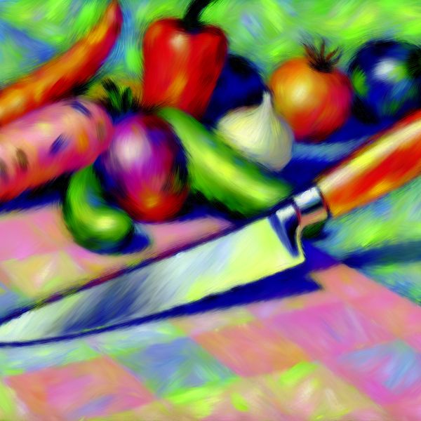 Vibrant Abstract Keukenmes met Groenten Een scherp keukenmes omringd door kleurrijke, oversized groenten zoals wortelen, paprika's en uien in een abstracte stijl.