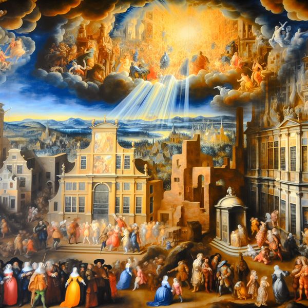Vibrant Baroque Cityscape with Colorful Artwork Een kleurrijke Barok scène van een historische stad met oude gebouwen en een groot schilderij dat het concept van 'aanzicht' illustreert.