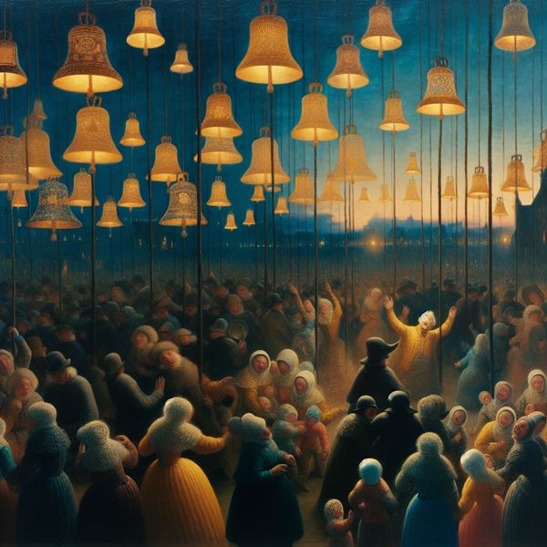 Een sfeervolle festivalsetting met verschillende mooie klokken die hangen aan versierde structuren, terwijl mensen van verschillende leeftijden genieten van de harmonieuze klanken.