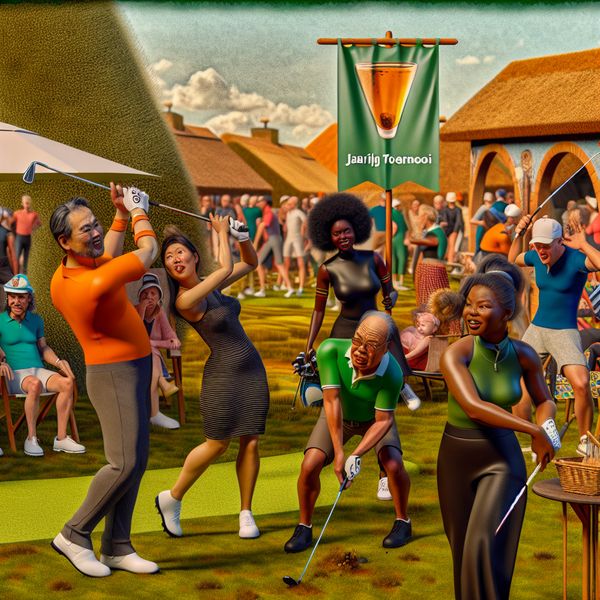 Dynamisch Golftoernooi op een Golferige Baan Een levendig golftoernooi met een diverse groep golfers die enthousiast hun clubs zwaaien op een groene golfbaan.