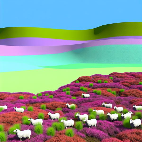 Vibrant heidelandschap met schapen en helderblauwe lucht Illustratie van een kleurrijk heidelandschap met schapen die grazend op heideplanten