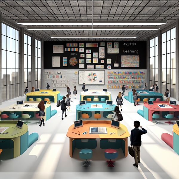 Vibrant klaslokaal voor extra lessen met retro-futuristische design Moderne klaslokaal gevuld met studenten die leren, met retro-futuristische elementen zoals kleurrijke bureaus en inspirerende muurdecoraties