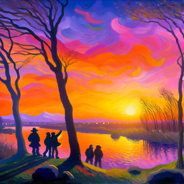 Vibrant Landschap Schilderij bij Zonsondergang Schilderij van een serene natuurgebied bij zonsondergang met hikers en reflecties in de rivier